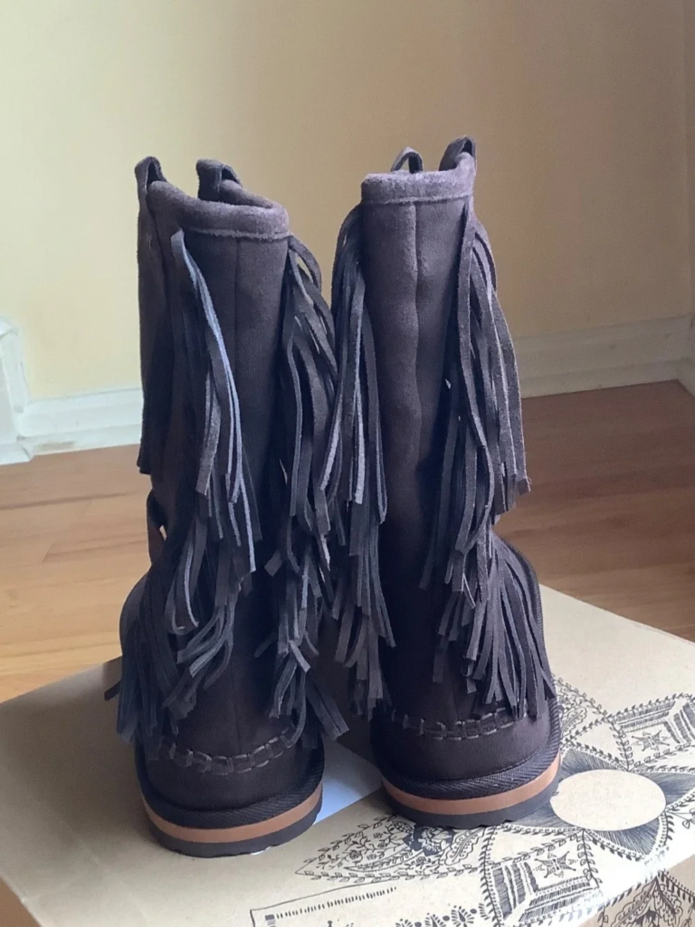 Free People Faye Fringe Suede And Faux Fur Boot Chocolate Brown SZ 9.5